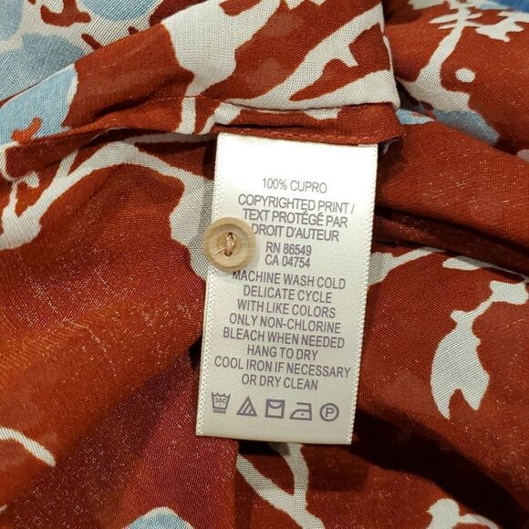 Tommy Bahama Sz M Rust Blue Floral Sheer Scoop Neck Popover Cupro Blouse 824 - Picture 8 of 8